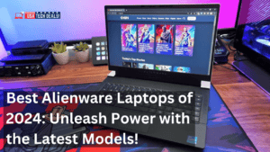 Alienware gaming laptops displayed on a desk with vibrant background.