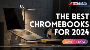 Modern Chromebook laptop on desk with accessories, ideal for 2024 buyers.
