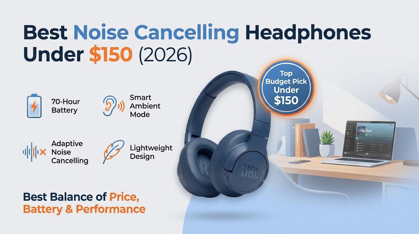 Best noise cancelling headphones under $150 2026 — JBL Tune 770NC with adaptive ANC, 70-hour battery, and comfortable design for students and travelers