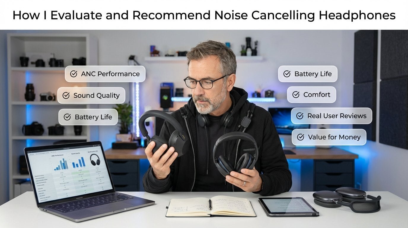 How we evaluate best noise cancelling headphones 2026 — research process based on official specifications, verified customer reviews, noise cancellation effectiveness, comfort insights, and real-world usability