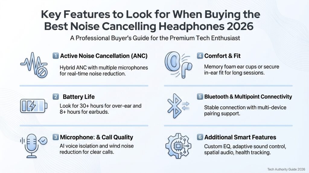 Key features to look for when buying the best noise cancelling headphones 2026 including ANC, battery life, comfort, and microphone quality.