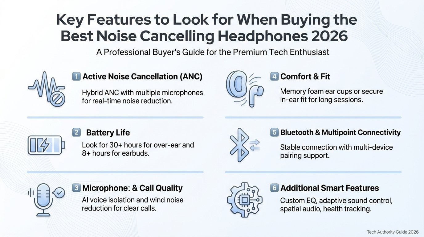 Key features to look for in best noise cancelling headphones 2026 — active noise cancellation, battery life, microphone quality, Bluetooth, and comfort