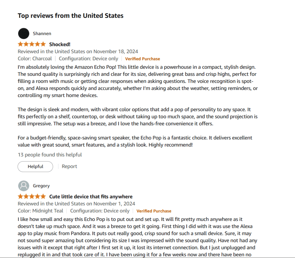 Reviews on Amazon of Amazon Echo Pop