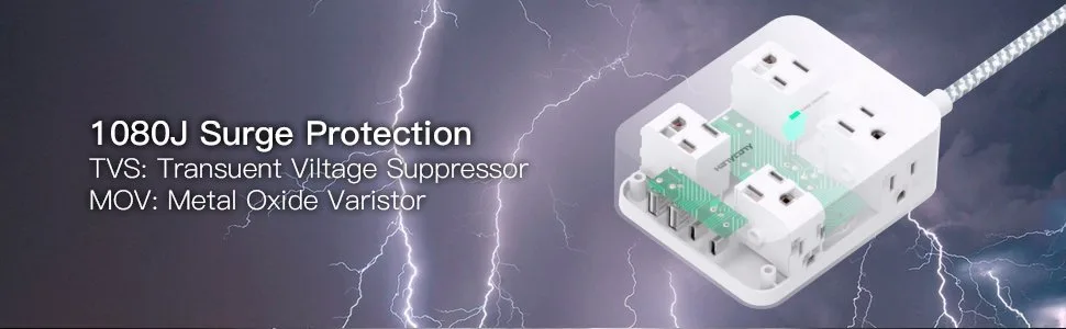 Power strip with surge protection and multiple outlets for electronics.