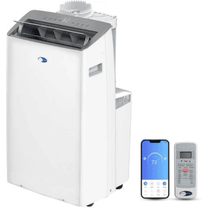 Portable air conditioner with remote and smartphone control, ideal for home cooling.