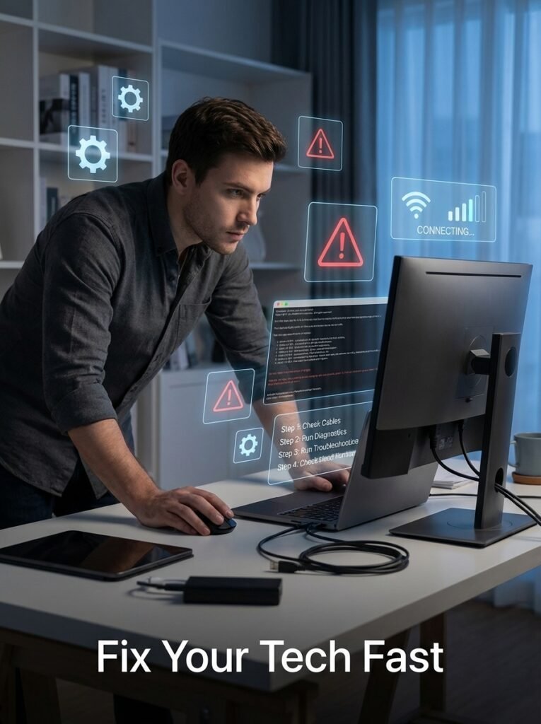 Young man troubleshooting computer errors with digital alerts and Wi-Fi connection issues.
