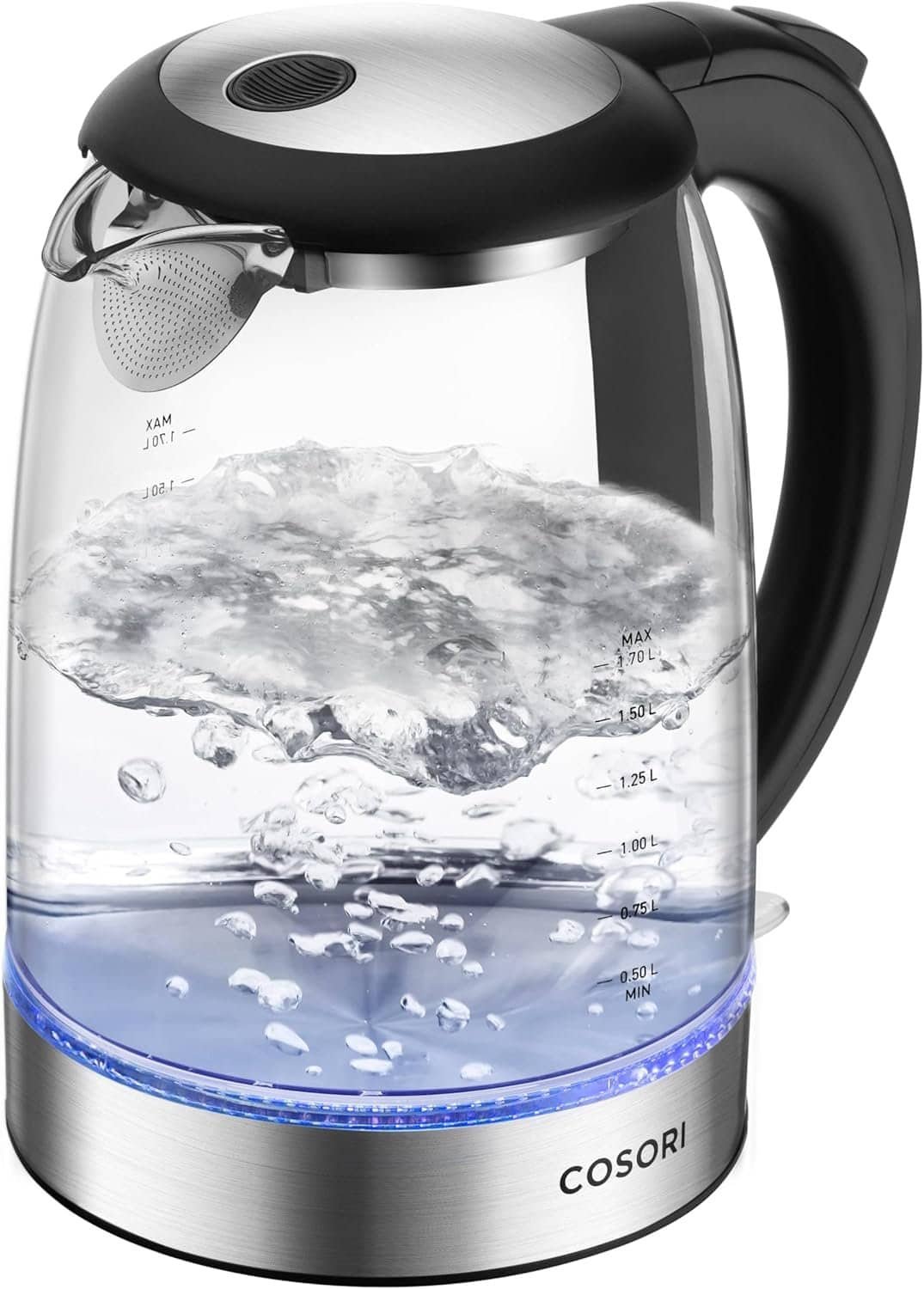 Electric glass kettle with water boiling, stainless steel base, and LED lighting.