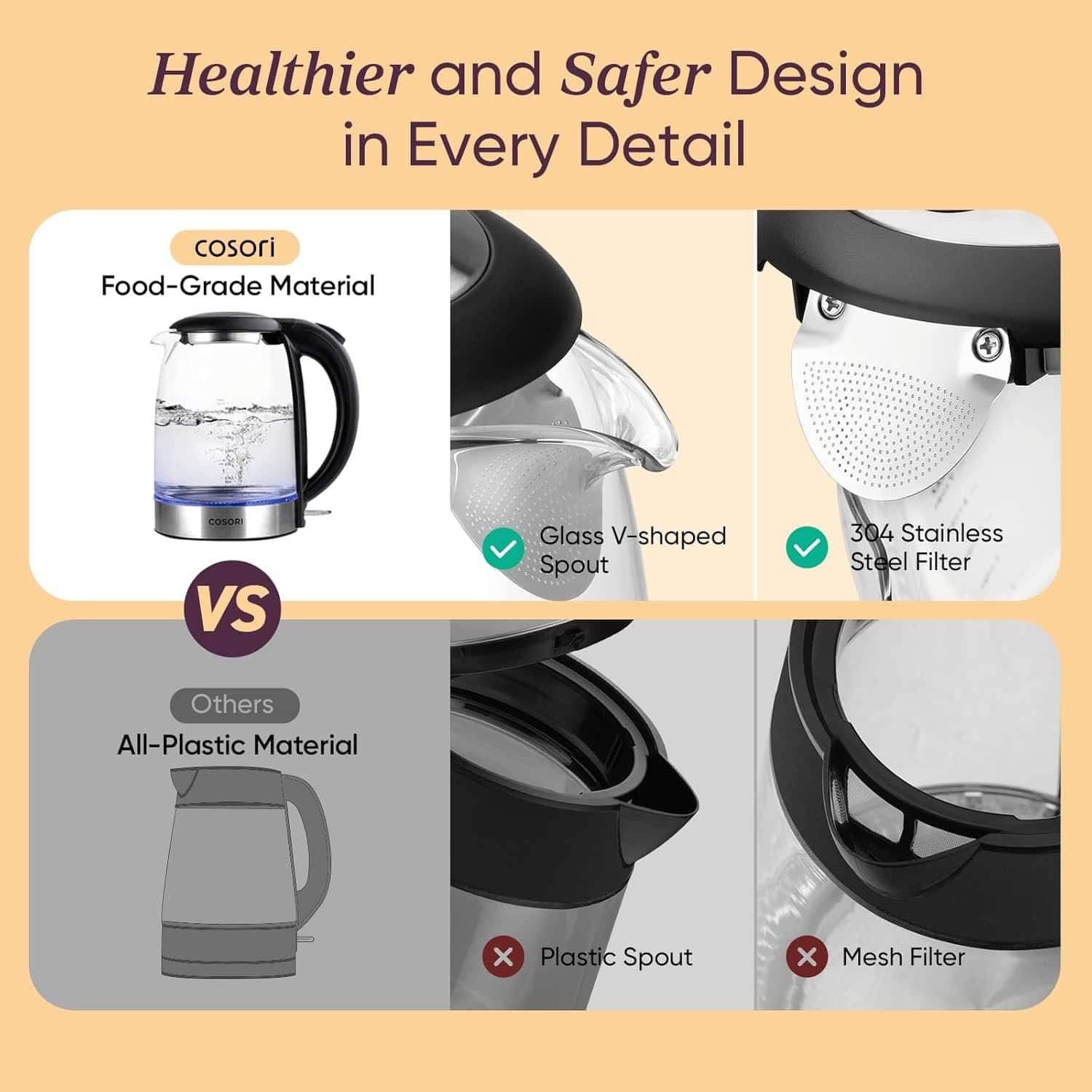 1. Durable glass kettle with food-grade materials and sleek design for healthy brewing.