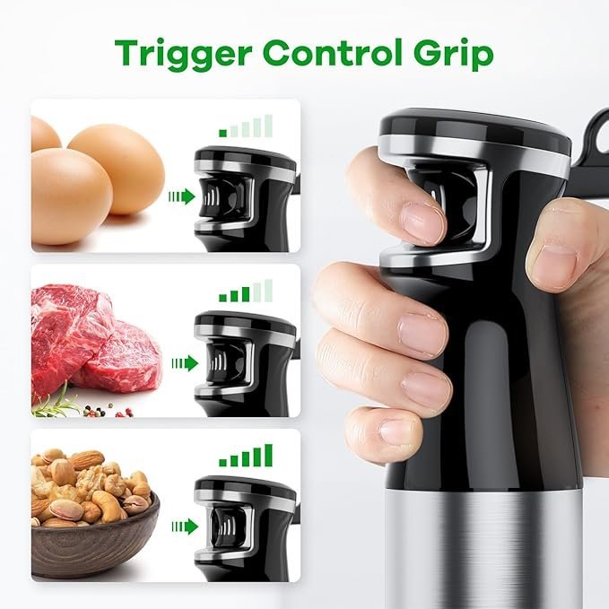 1. Hand pressing trigger control grip of black kitchen device with adjustable settings.