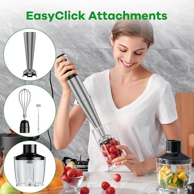High-speed handheld immersion blender for kitchen use.