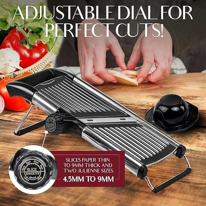 Adjustable mandoline slicer for perfect cuts, durable stainless steel blades, kitchen tool.