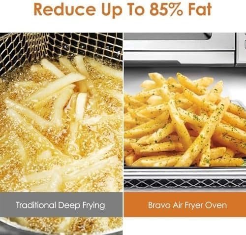Crispy French fries cooked in deep frying vs. healthier baked fries in air fryer oven.