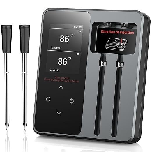 Digital meat thermometer with dual probes and digital display for precise cooking temperature measurement.