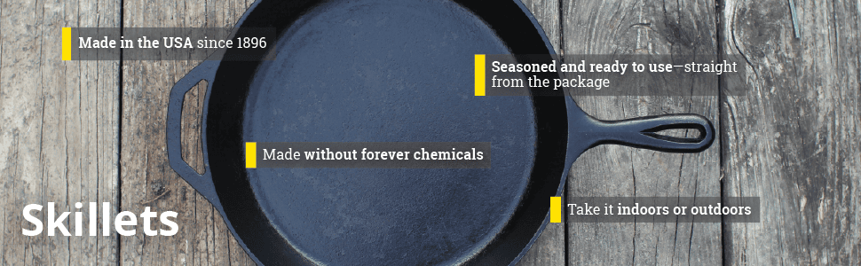 Cast iron skillet made in USA with natural seasoning, suitable for indoor and outdoor cooking.