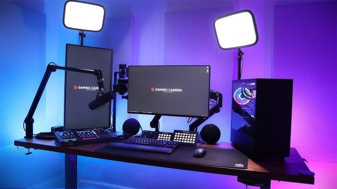 Dual monitor gaming setup with lighting and streaming equipment, optimized for gaming and tech enthusiasts.