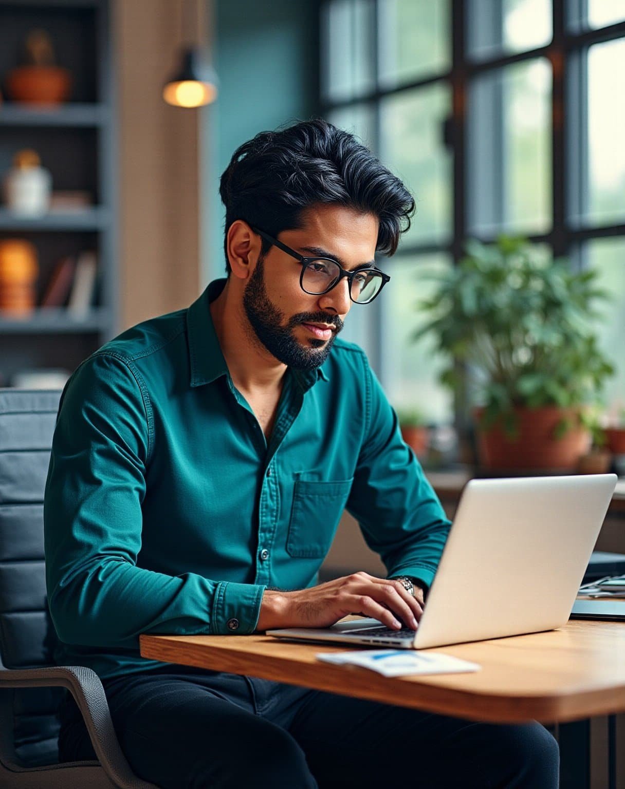 Man working on a laptop in a modern office setting, focused on technology.