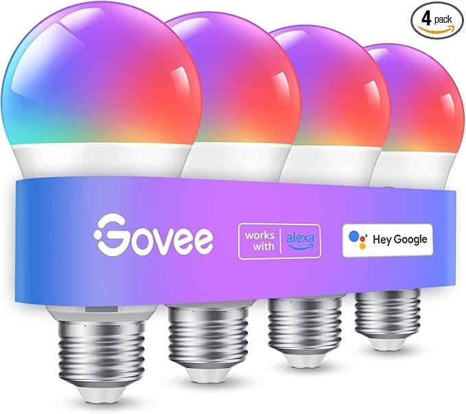 Multicolor Govee smart LED bulbs compatible with Alexa and Google Assistant.
