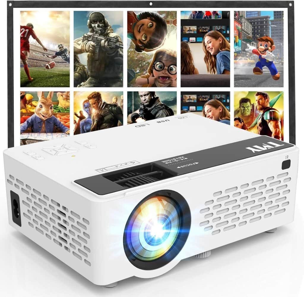 4K HD mini portable projector with colorful lens, perfect for gaming, movies, and TV streaming.