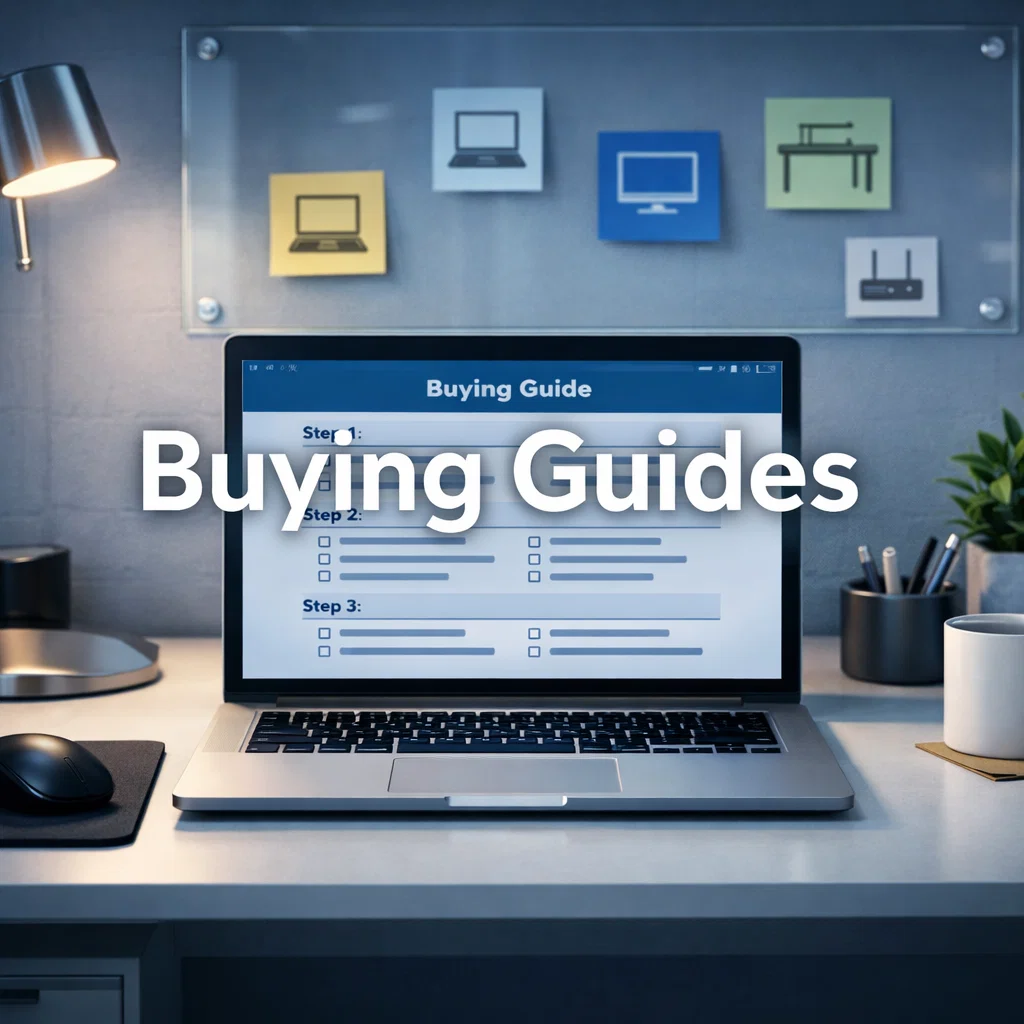 Minimal home office desk with laptop displaying buying checklist and tech selection guide