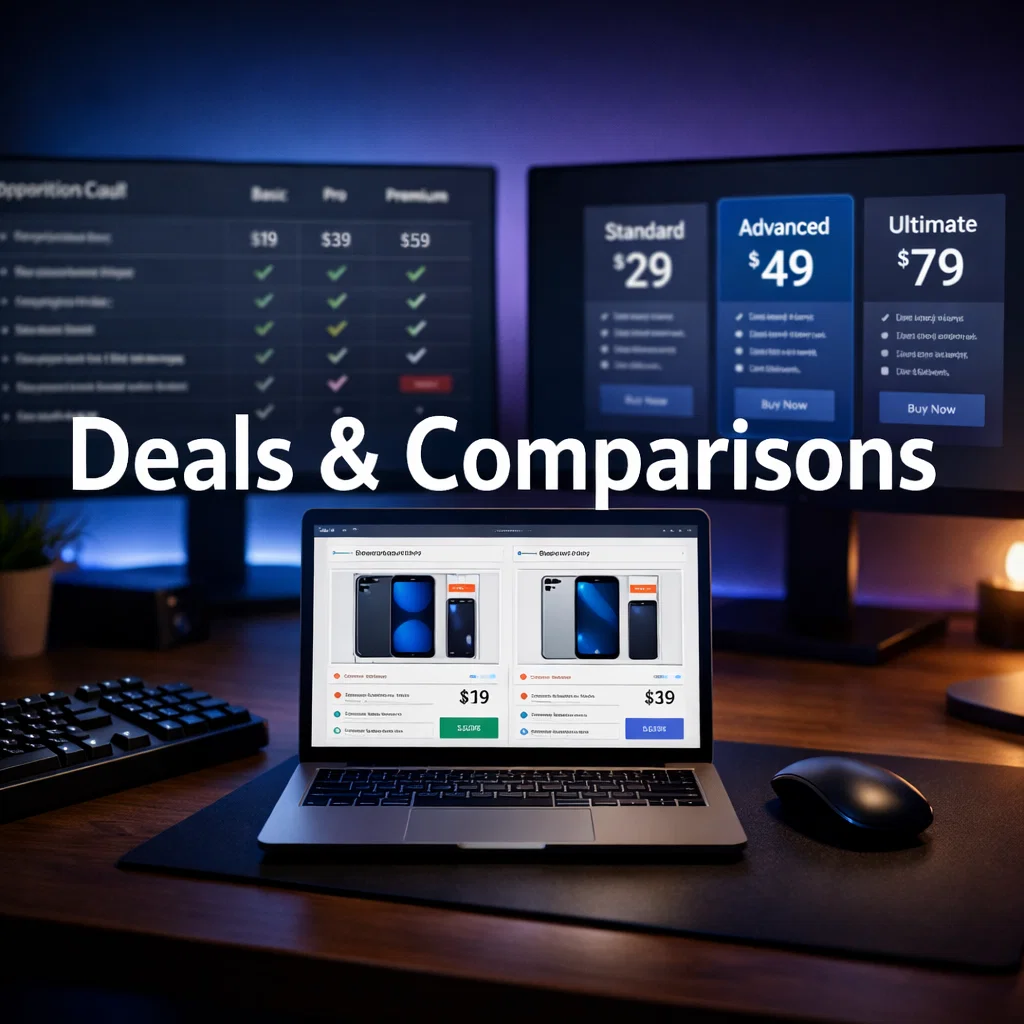 Home office tech deals and comparisons workspace with dual monitors showing product pricing and feature comparison charts