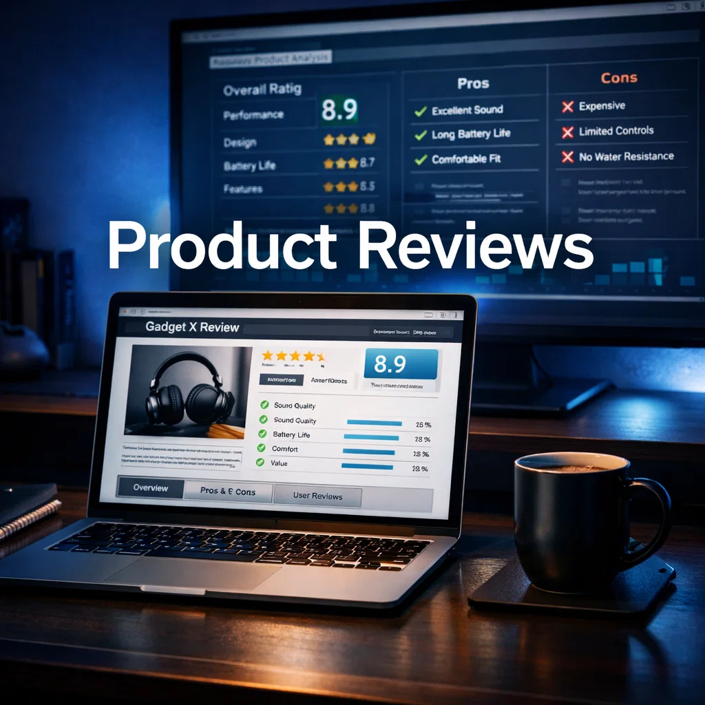 Home office laptop and monitor displaying product review layout with ratings and pros and cons analysis