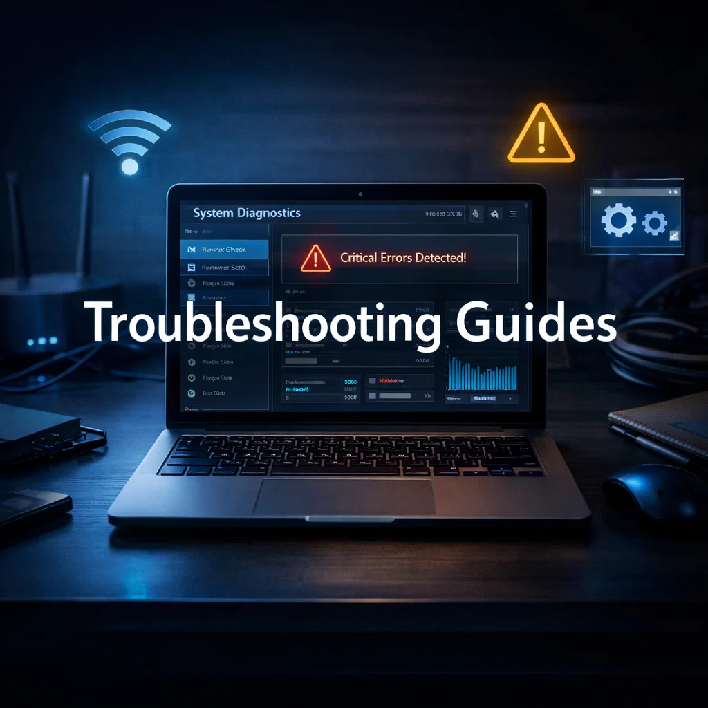 Home office laptop showing system diagnostics screen with WiFi and troubleshooting icons