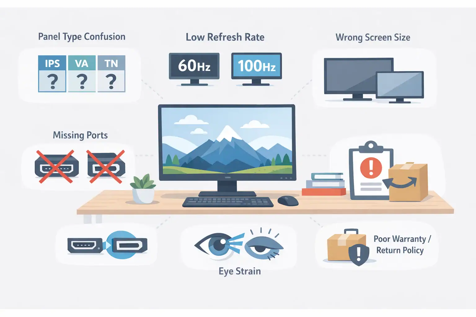 High refresh rate monitor comparison, eye strain, missing ports, and bad warranty issues.