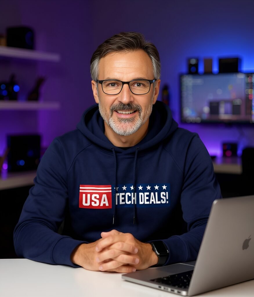 Man wearing USA Tech Deals hoodie smiling at camera.