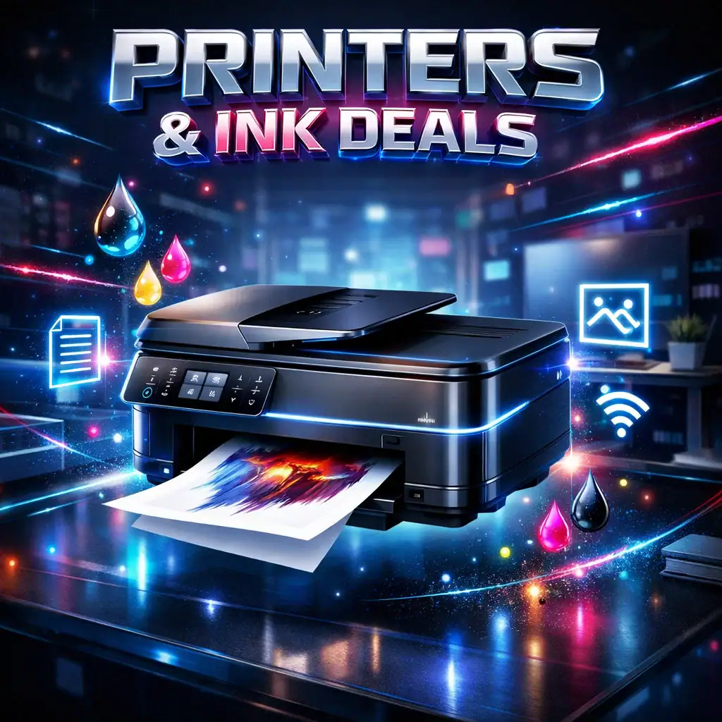 Modern wireless printer with glowing digital ink effects representing printers and ink deals for home office users in the USA