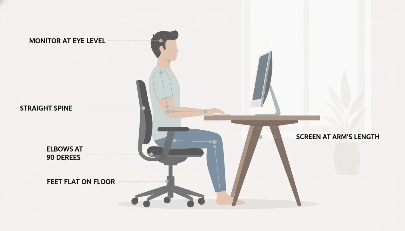 Side view ergonomic home office setup showing correct monitor height, posture alignment, and desk positioning