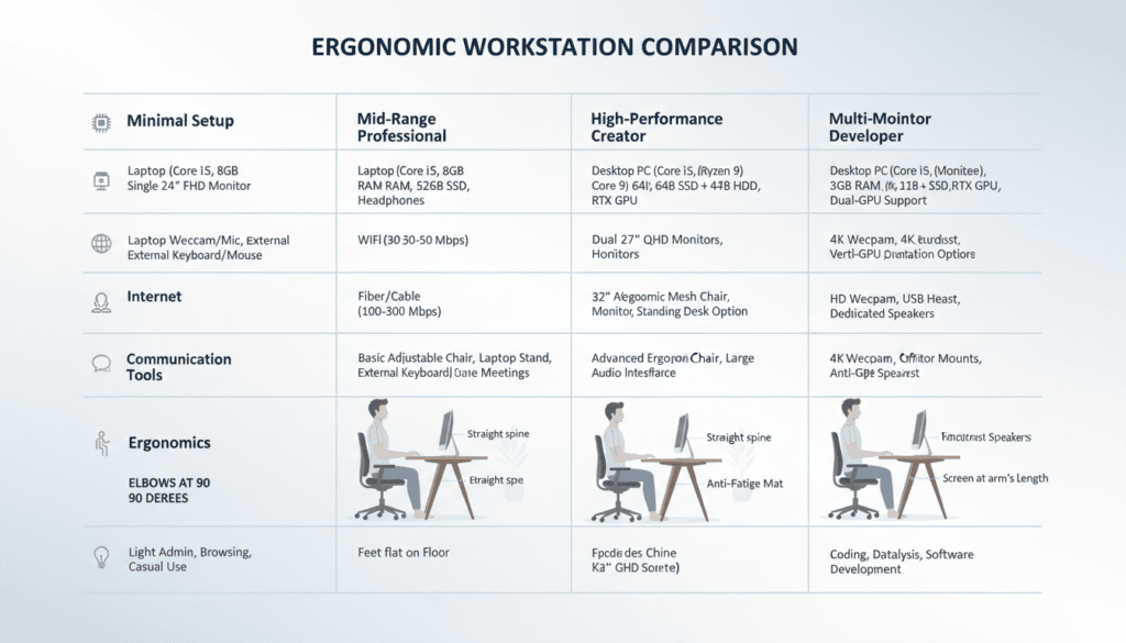 Comparison chart showing minimal, mid-range, high-performance, and multi-monitor home office tech setup options