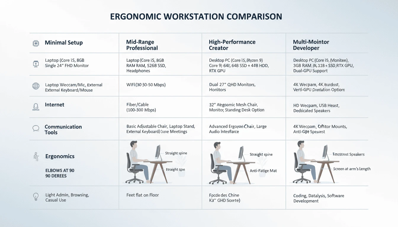 Comparison chart showing minimal, mid-range, high-performance, and multi-monitor home office tech setup options