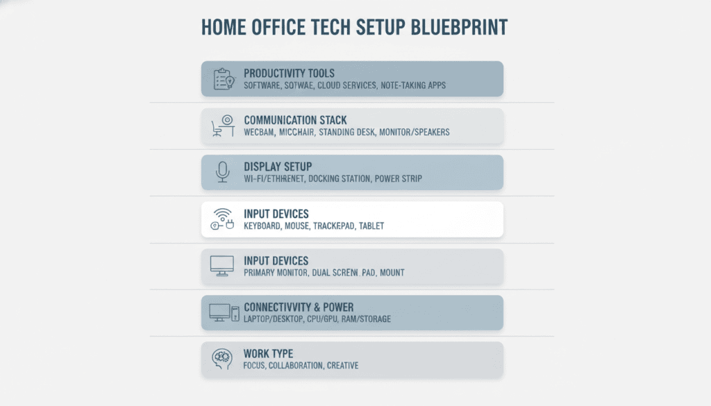 Layered blueprint diagram showing the structured steps of building a home office tech setup from hardware to productivity tools