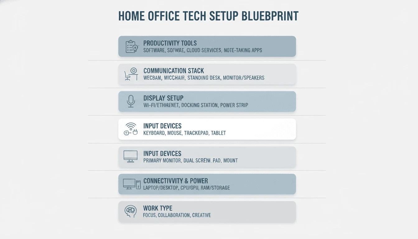 Layered blueprint diagram showing the structured steps of building a home office tech setup from hardware to productivity tools