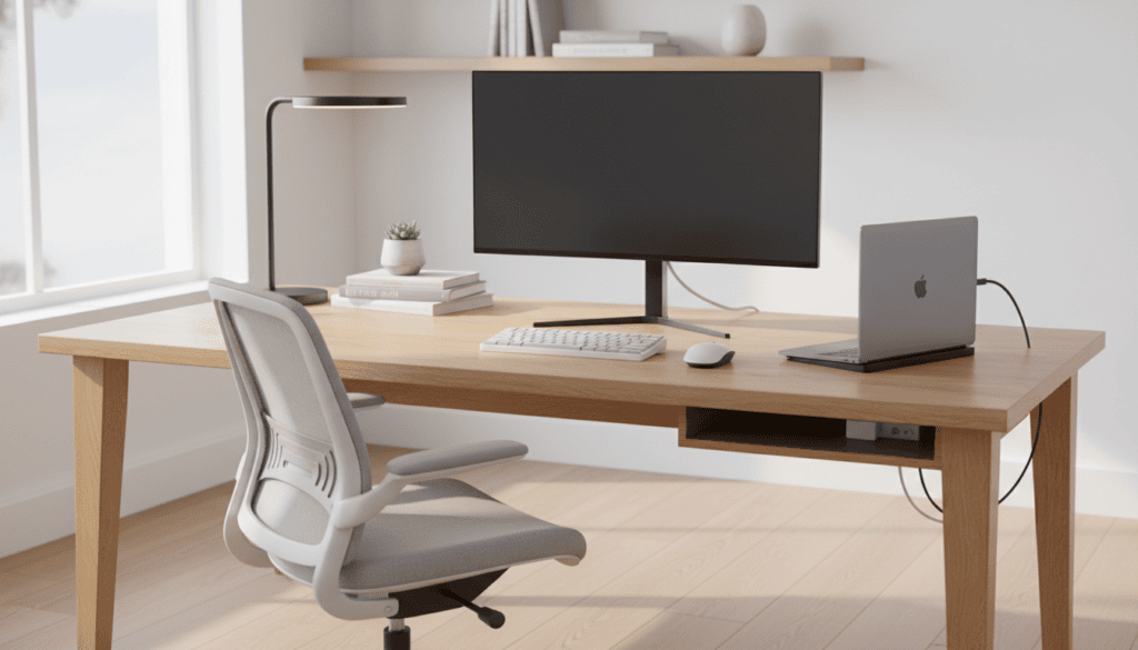 Modern home office tech setup with laptop, external monitor, ergonomic chair, and organized desk layout for remote work productivity