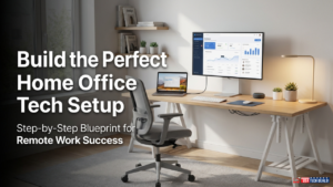 Modern home office tech setup with laptop, monitor, ergonomic chair, and organized workspace designed for setting up a home office for remote work