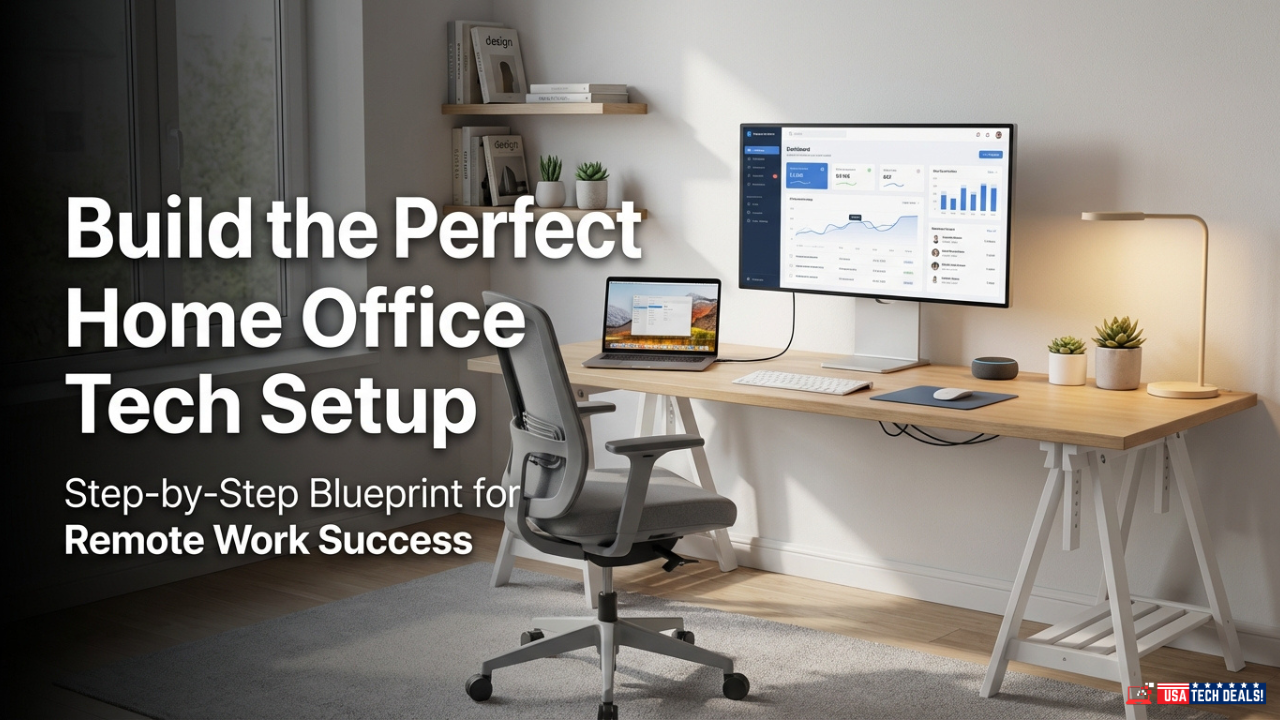 Modern home office tech setup with laptop, monitor, ergonomic chair, and organized workspace designed for setting up a home office for remote work