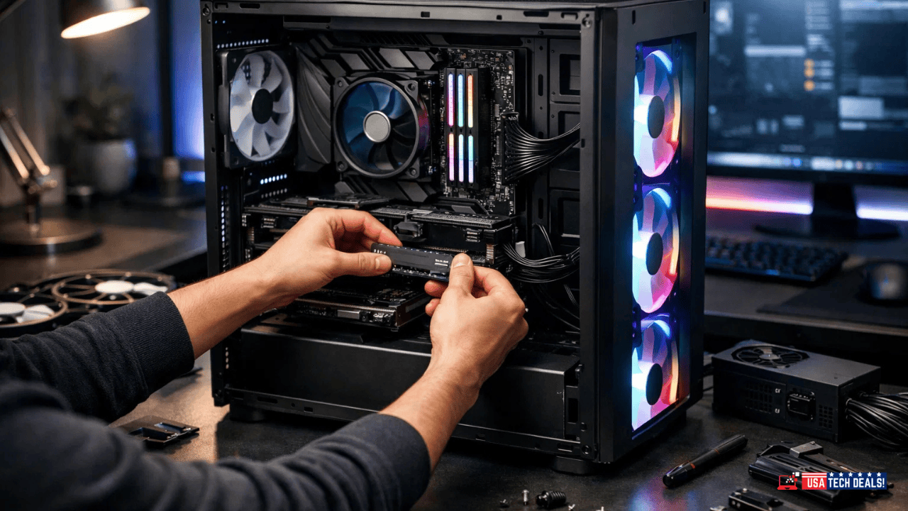 High-performance gaming PC building with RGB fans and SSD upgrade.