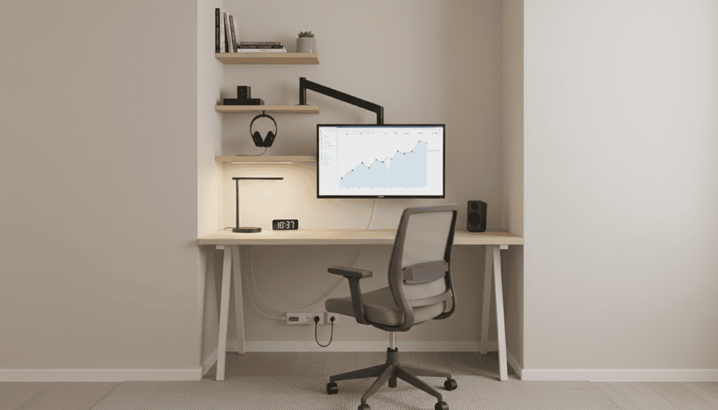 Compact home office tech setup in a small apartment with wall-mounted monitor arm and vertical storage