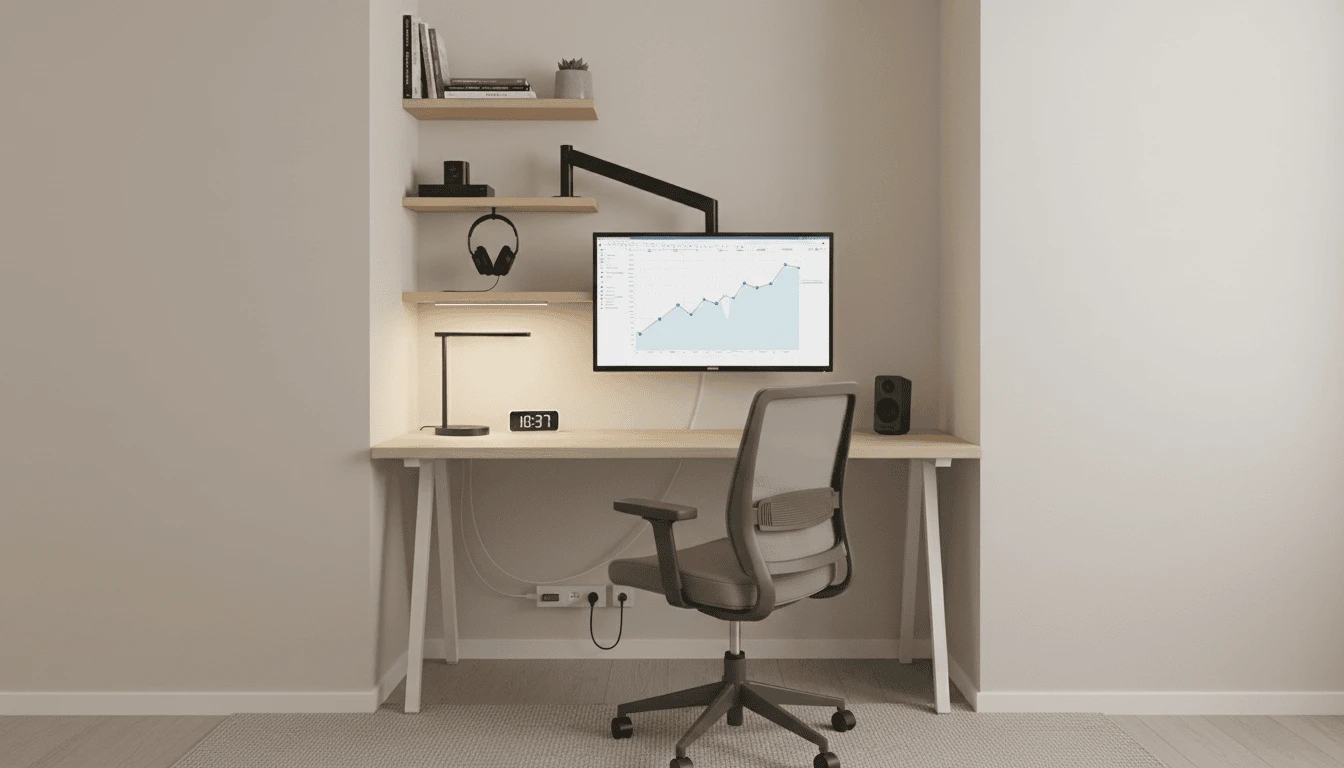 Compact home office tech setup in a small apartment with wall-mounted monitor arm and vertical storage