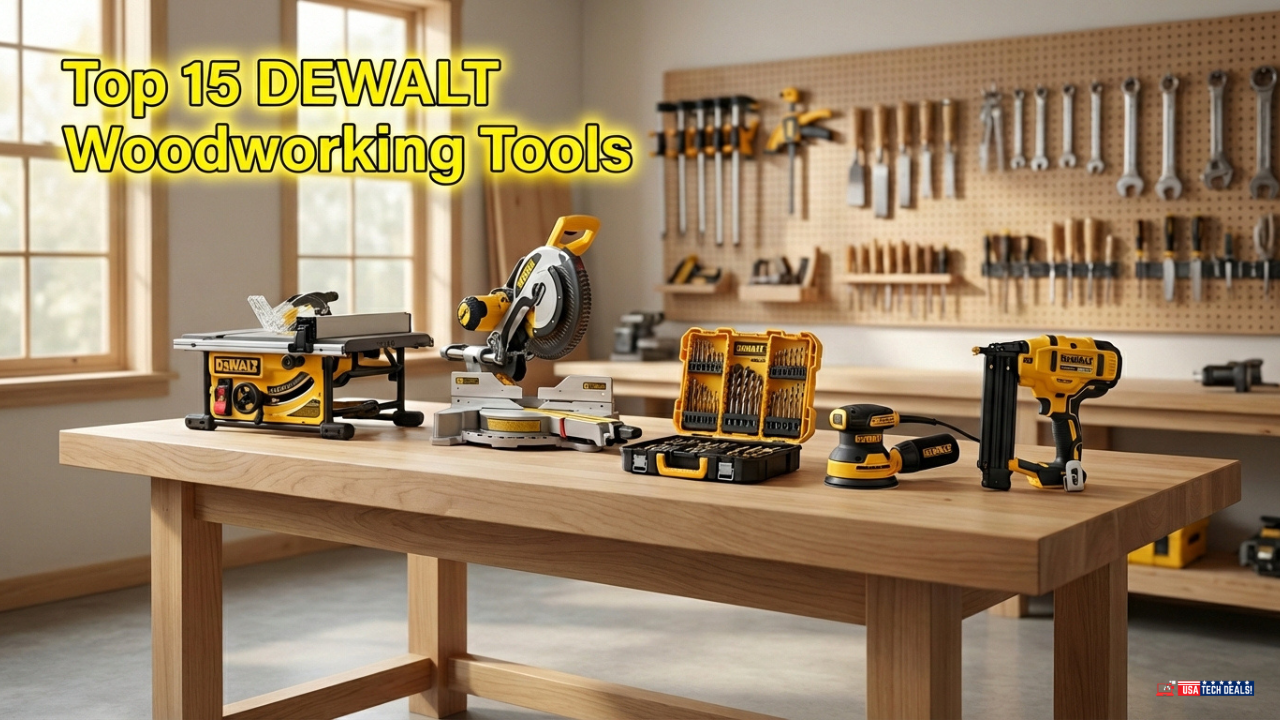 Professional workshop setup featuring DEWALT woodworking tools including table saw, miter saw, drill bit set, and cordless power tools