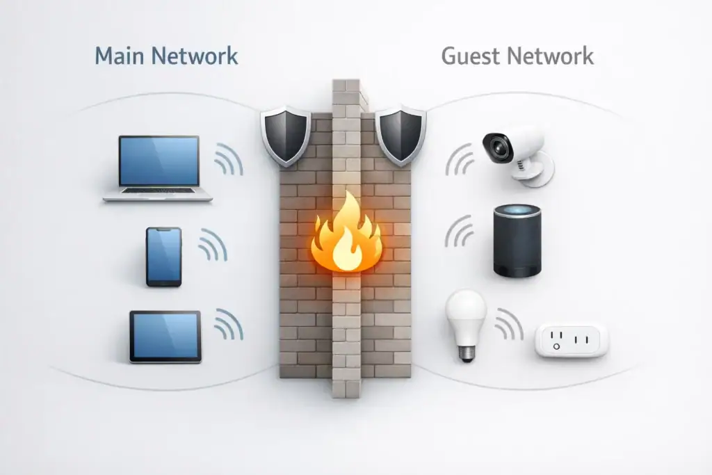 Diagram of secured smart home network with firewalls protecting devices.