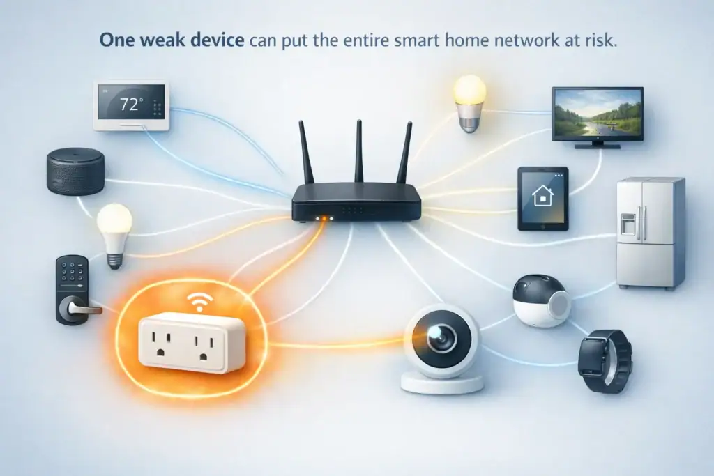 Smart home devices connected to a central router for security and automation.