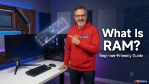 Tech blogger pointing to a RAM module graphic explaining what RAM is in a computer.