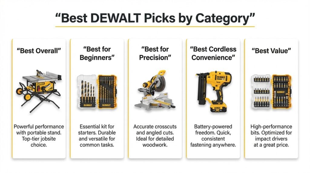Best DEWALT woodworking tools by category including table saw, drill bit set, miter saw, brad nailer, and FlexTorq bit set.