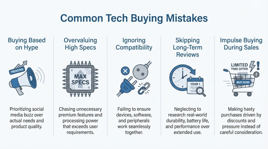 Infographic highlighting common tech buying mistakes such as buying based on hype, overvaluing high specifications, ignoring compatibility, skipping long-term reviews, and impulse buying during sales.