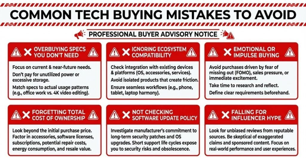 warning graphic listing common mistakes when choosing a tech product such as overbuying specs and ignoring ecosystem compatibility