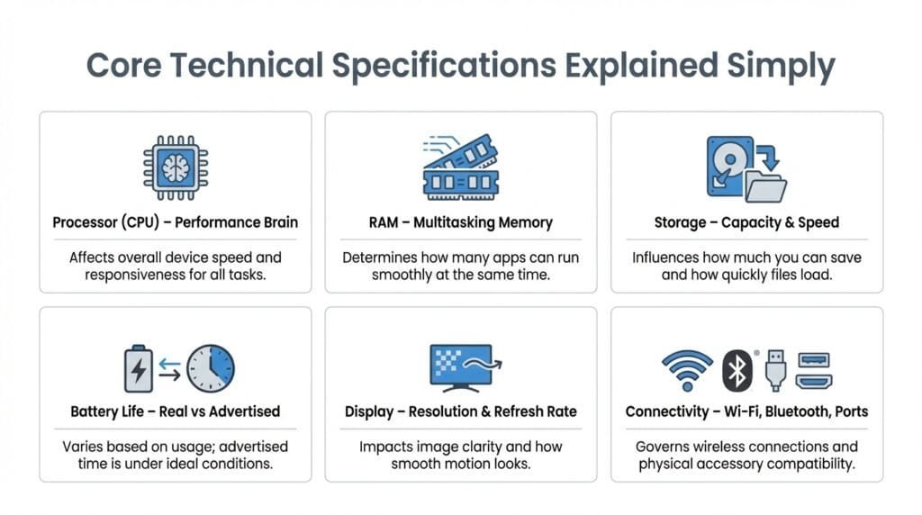 diagram explaining processor, RAM, storage, battery life, display, and connectivity on how to choose a tech product