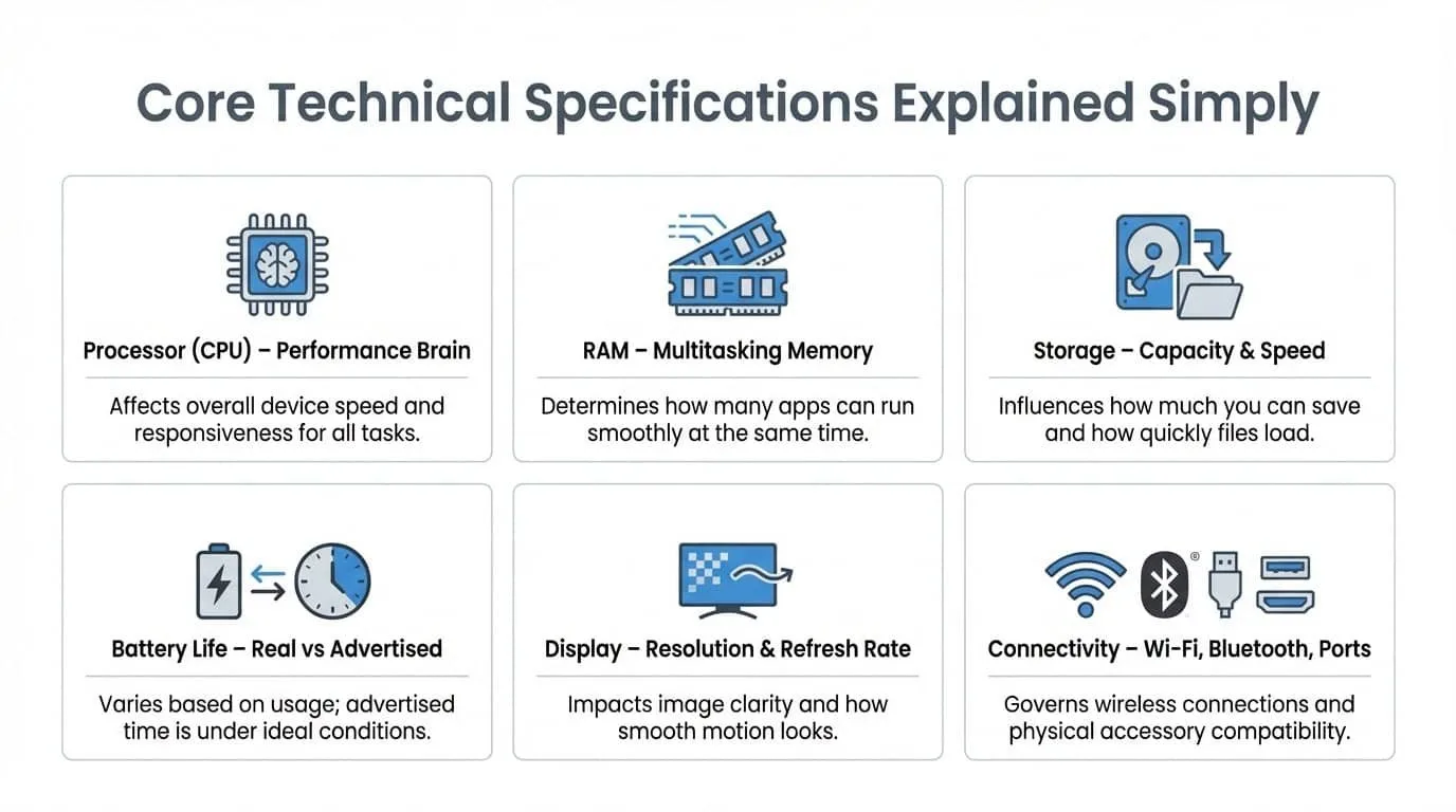 diagram explaining processor, RAM, storage, battery life, display, and connectivity on how to choose a tech product