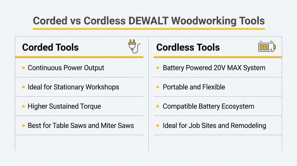 Corded vs cordless DEWALT woodworking tools infographic comparing power output, portability, 20V MAX battery system, and workshop use cases.